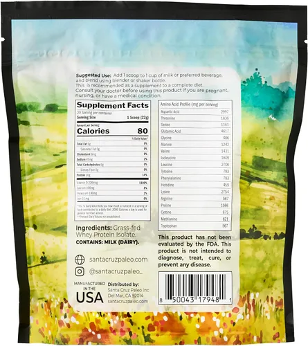 Vista 2 de Santa Cruz Paleo Polvo de Proteína de Suero, Sin Sabor, 20 G de Proteína de Suero Aislada Alimentada con Pasto por Porción, Sin Gluten, Apto