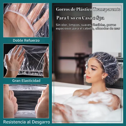 Vista 6 de MORGLES 100 gorros de ducha desechables, gorros de ducha grandes transparentes para mujeres, desechables, gorras de plástico para el tratamiento