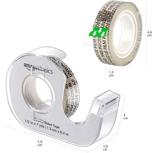 Vista 3 de Amazon Basics Cinta permanente recargable de doble cara con dispensador, ancho estrecho, 1/2 x 252 pulgadas, paquete de 3, Translucidez