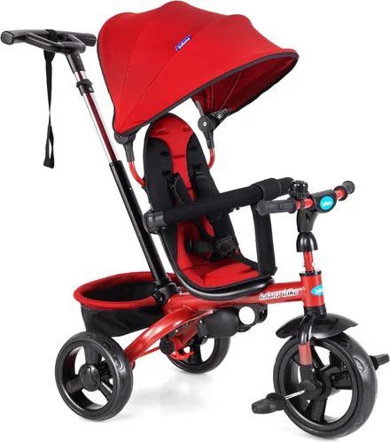 Vista 11 de INFANS Triciclo para Niños, Triciclo de Bebé 6 en 1 Bicicleta para Niños Pequeños con Asiento Reversible, Mango de Empuje Ajustable, Control
