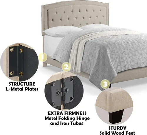 Vista 5 de Rosevera Jordana - Marco de cama de panel con cabecera ajustable con botones para dormitorio, tapizado de lino, soporte de listones de madera, fácil