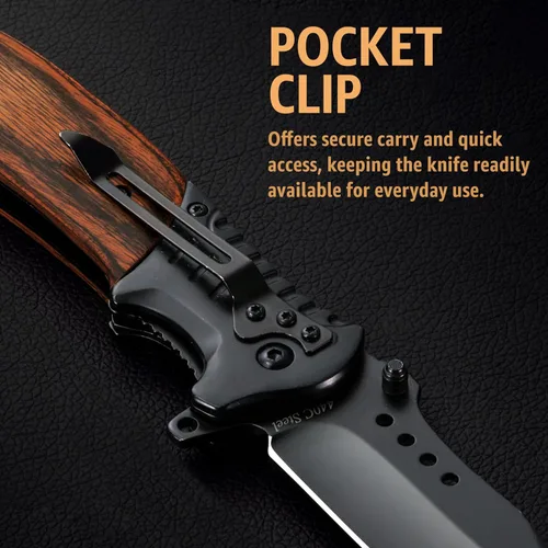 Vista 9 de Cuchillo de bolsillo para hombres con mango de madera, rompedor de vidrio y clip de bolsillo, hoja afilada de 3.66 pulgadas, cuchillos plegables