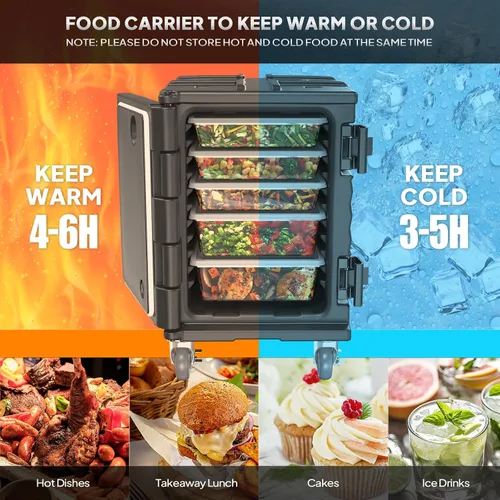 Vista 3 de ROVSUN Caja Calentadora de Alimentos, Porta Comida Aislada con Ruedas Bloqueables Dobles Hebilla y Asas, Cajas Calientes Apilables para Restaurante