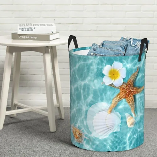 Vista 8 de Cesta de lavandería con diseño de estrellas de mar y flores, impermeable, plegable, con asa duradera, cesta de almacenamiento de ropa sucia redonda