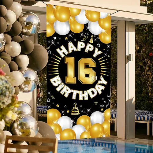 Vista 6 de Decoraciones de feliz cumpleaños número 16 para niños y niñas, pancarta de tela para cumpleaños de 16 años, suministros de fiesta de dieciséis años