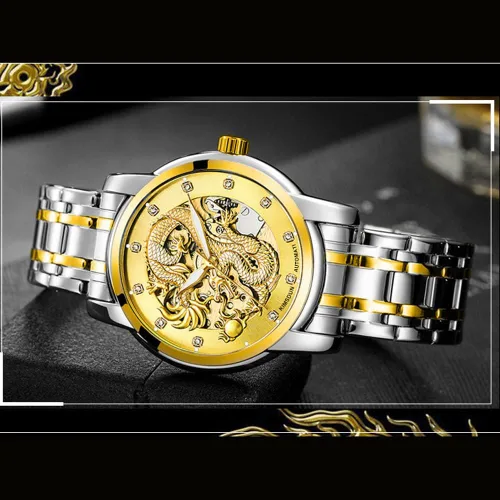Vista 5 de Weicam Reloj Lumious de acero inoxidable de esqueleto mecánico de lujo para hombre, reloj de pulsera impermeable con esfera tallada de dragón