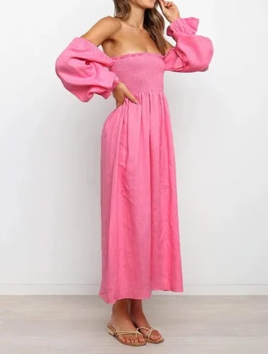 Vista 3 de R.Vivimos Vestido de verano para mujer, de manga larga, casual, estampado a cuadros, fruncido, hombros descubiertos, acampanado, vestido midi