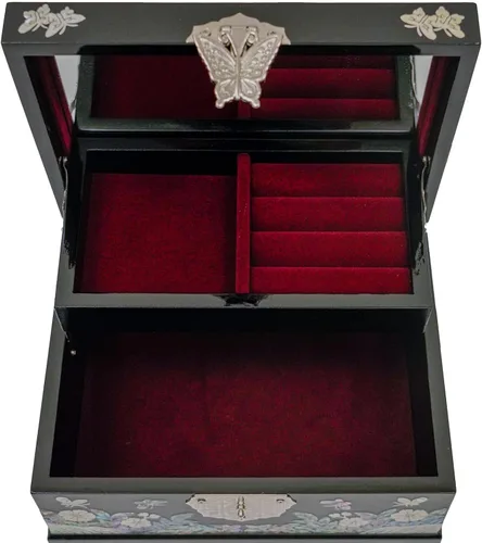 Vista 7 de February Mountain Joyero de nácar Fabricación de madera Interior de terciopelo de dos capas Tapa de espejo Acabado de laca Arte coreano hecho a