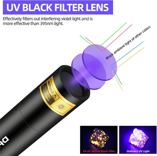 Vista 2 de DARKBEAM Linterna UV de 365 nm, Lámpara de Wood recargable por USB, portátil, luz negra, LED, luz ultravioleta, mini, detector para orina