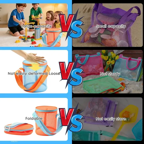 Vista 4 de 4 bolsas plegables de almacenamiento de juguetes, bolsas de conchas marinas de gran capacidad para la playa, bolsa de almacenamiento portátil