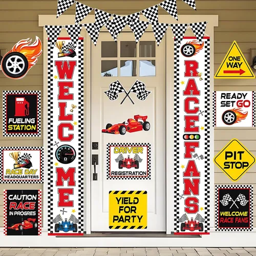 Vista 10 de Decoración de fiesta de cumpleaños de coche de carreras, globos de automóvil de carreras con flecos de aluminio a cuadros, telón de fondo
