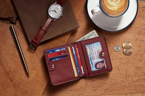 Vista 6 de Gostwo - Cartera compacta de piel genuina de lujo para mujer con bloqueo de RFID y ventana de identificación