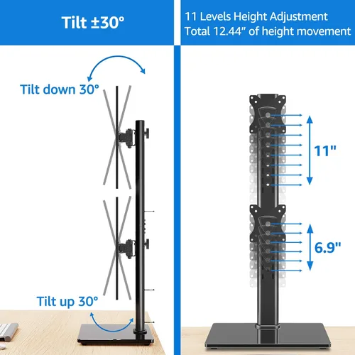 Vista 4 de MOUNTUP Soporte Vertical para Monitor Dual, Apila Dos Pantallas de hasta 32 Pulgadas, 14.9 Kg, Soporte de Escritorio Independiente para Monitor