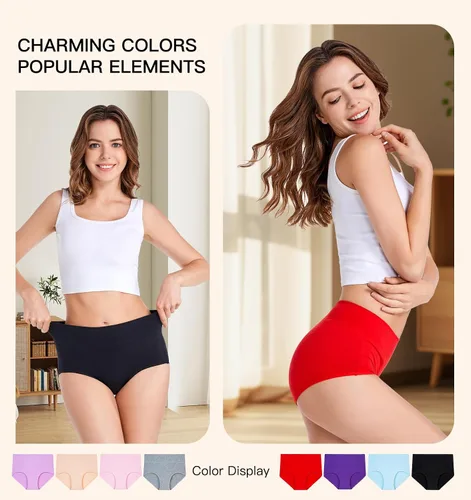 Vista 4 de youlehe Ropa interior de algodón para mujer, de cintura alta, cobertura completa, suave, transpirable
