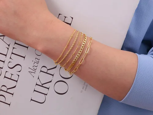 Vista 2 de Picuzzy Pulseras de oro para mujer, de oro real de 14 quilates, apilables, impermeables, juego de joyas para mujer, a la moda, delicadas, bonitas