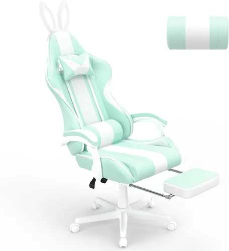 Vista 11 de Ferghana Kawaii Bunny Ears - Silla de juegos con reposapiés y masaje, silla ergonómica de cuero para juegos de computadora para niñas, adultos, Rosa