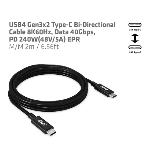 Vista 3 de Club 3D Cable bidireccional USB Gen3X2 tipo C 8K60Hz, W128564682 (cable bidireccional 8K60Hz, datos 40Gbps, Pd 240W (48V/5A) Epr M/M 2M / 6.56 pies