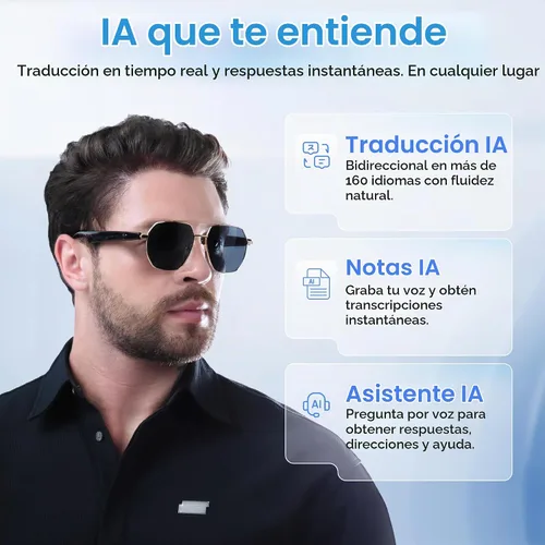 Vista 2 de AI Translator - Gafas de sol inteligentes, audio Bluetooth de oído abierto