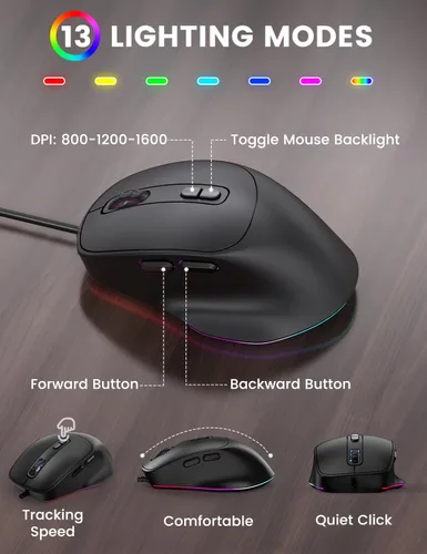 Vista 6 de Combo de teclado y mouse con cable, retroiluminación de impresión grande, reposamuñecas ergonómico, 6 DPI RGB para PC/Windows, ideal para personas
