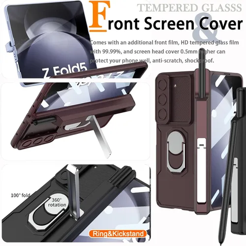 Vista 2 de Miimall Funda compatible con Samsung Fold 5 con soporte para bolígrafo, [protector de pantalla frontal] [cubierta deslizante para cámara], carcasas