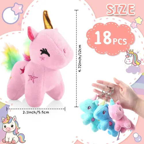 Vista 2 de Huquary 18 llaveros de peluche de unicornio a granel, muñecas de felpa estéticas para mochilas, regalo del día de San Valentín, fiesta de cumpleaños