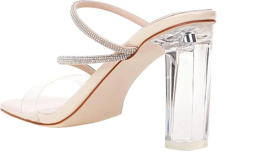 Vista 5 de vivianly Sandalias de tacón con tiras transparentes con diamantes de imitación para mujer, con puntera cuadrada, tacones altos, deslizantes, vestido
