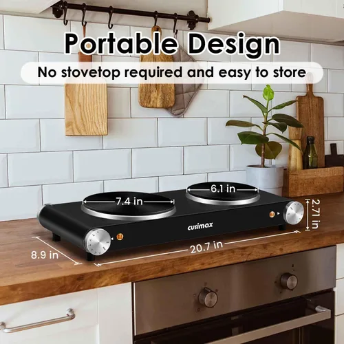 Vista 5 de Cusimax - Placa de cocción eléctrica de 1800 W, estufa eléctrica portátil para cocinar, hornalla doble, con control de temperatura ajustable