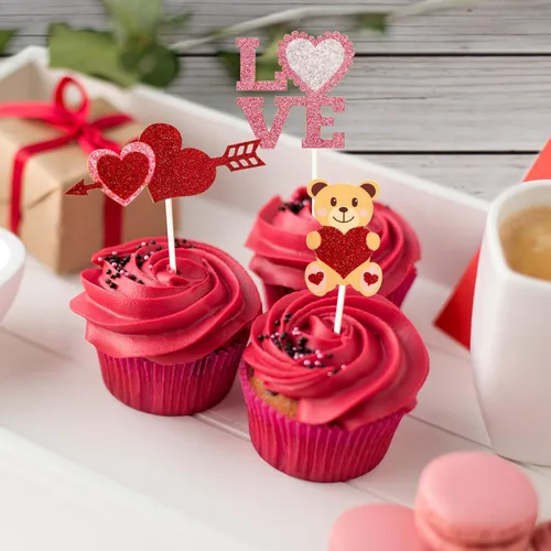 Vista 6 de Ceiba Tree 24 piezas de decoración para cupcakes para el día de San Valentín, con purpurina, corazón, amor, San Valentín, alimentos, suministros