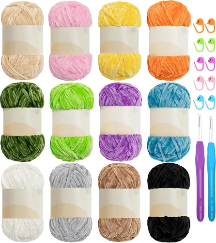 Vista 26 de 4 piezas de 400g de hilo de terciopelo chenilla suave para tejer a ganchillo, hilo esponjoso y cálido para tejer y ganchillo, manualidades DIY Rosa
