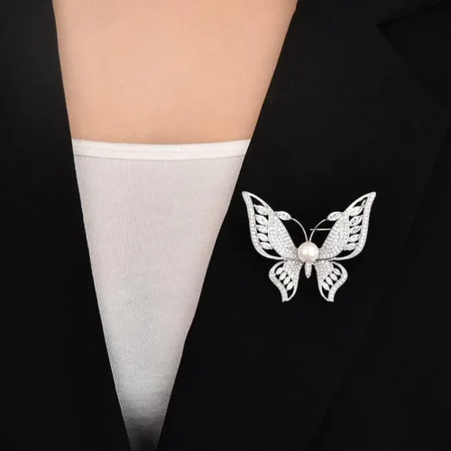Vista 2 de Broches para mujer, broche de mariposa de perlas para mujer, broches de moda para ropa de mujer, obra maestra, broche, plata, Metal