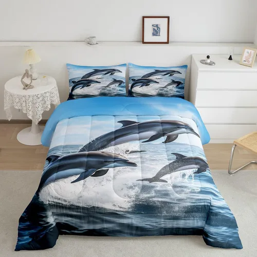 Vista 11 de Erosebridal Juego de edredón de ballena náutica, tamaño individual, juego de ropa de cama vintage azul con ondas oceánicas para niños y niñas