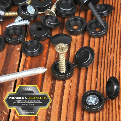 Vista 4 de 150 tapas de rosca, cubiertas de plástico negro con bisagras, tamaño S, se adapta a tornillos #6/#8 (M3/M4), 150 piezas