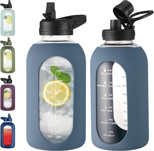 Vista 18 de EALGRO Botella de agua de vidrio de 32 onzas con popote y asa, frasco de agua motivacional deportivo con funda de silicona, taza grande a prueba