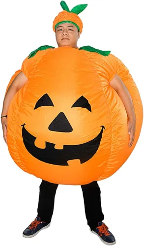 Vista 3 de Arokibui Disfraz inflable de calabaza para adultos disfraz inflable para hombres fiesta de cosplay Navidad Halloween traje de talla grande Naranja