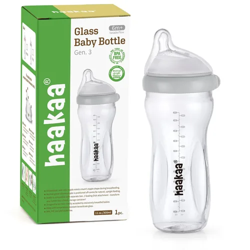 Vista 9 de haakaa Gen.3 Biberón de vidrio natural de 4.2 onzas fluidas – Cuello ancho, pezón anticólicos de flujo lento, fácil de limpiar, 0 M+ bebés