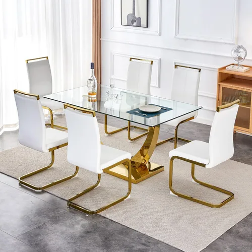 Vista 9 de Juego de mesa de comedor de 63 pulgadas para 4, juego de mesa de comedor dorado moderno para 4, juego de mesa de cocina de mármol sintético