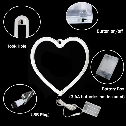Vista 6 de Letreros de neón con forma de corazón para el día de San Valentín, luces LED de amor con USB y pilas para el hogar, pared, día de la madre, boda