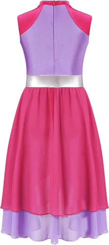 Vista 4 de Vestido de baile lírico de alabanza con dobladillo envuelto en niveles sin mangas con bloques de color para niñas