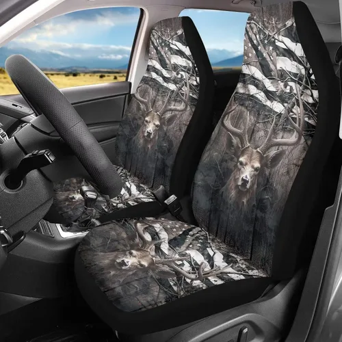 Vista 22 de LedBack Fundas universales de asiento de coche solo para asientos delanteros, bandera estadounidense, ciervos, 2 piezas, protector elástico