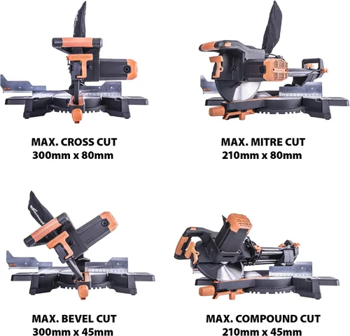 Vista 4 de Sierra de inglete deslizante Evolution Power Tools R255SMS+ PLUS de 10 pulgadas multimaterial multipropósito para cortar metal, plástico, madera