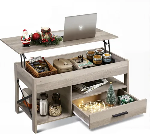 Vista 14 de WLIVE Mesa de Centro, Mesa de Centro Elevable de 39 pulgadas con Compartimento Oculto, Cajones de Almacenamiento y Estante de Almacenamiento