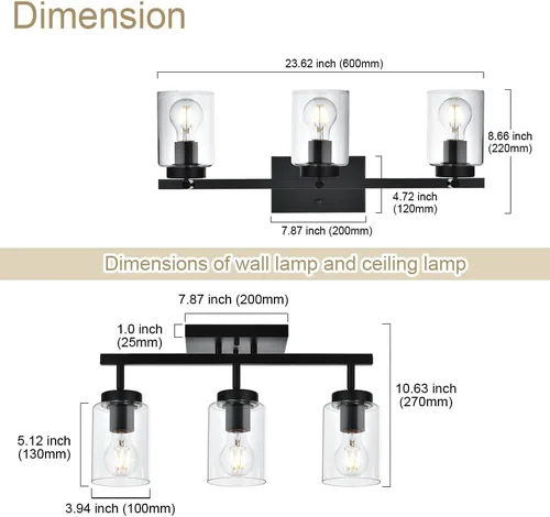 Vista 4 de 3 apliques de pared negros de luz para tocador de baño con pantalla de vidrio transparente, lámpara clásica con cabezal de luz giratoria, lámpara