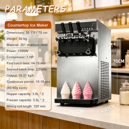 Vista 7 de Commercial Soft Ice Cream Machine, 3 Flavors Electric Soft Ice Cream Maker, Stainless Steel, 1300W LED Display, Desktop Type,15-21L/H, for Bars Gray