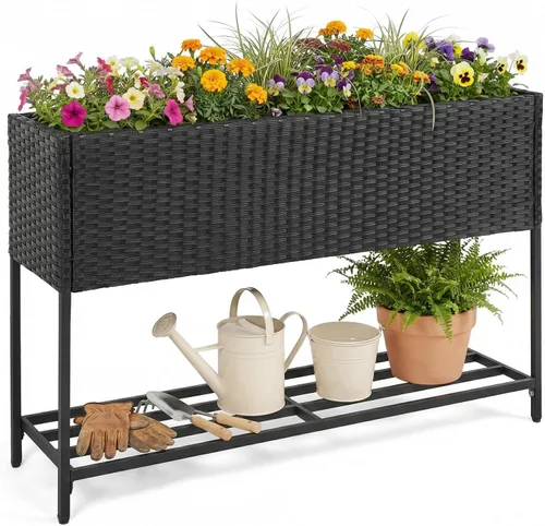 Vista 12 de HAPPYGRILL Cama de jardín elevada de ratán con patas, estante inferior de Maceta elevada con forro extraíble, sistema de drenaje, maceta elevada