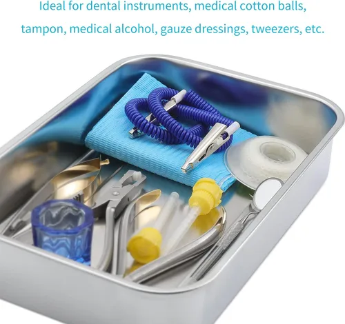 Vista 4 de Bandejas quirúrgicas médicas de acero inoxidable para instrumentos dentales, organizador de bandeja de esterilización, bandejas con tapa y asa