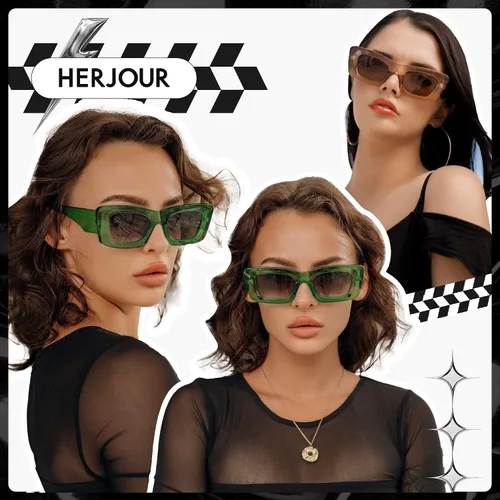 Vista 3 de HERJOUR Gafas de sol rectangulares de moda para mujeres y hombres, estilo retro de los años 90, montura gruesa, color nude, gafas de sol gruesas