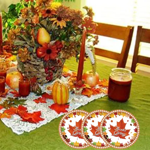 Vista 6 de mdgfge Platos de papel desechables de Acción de Gracias, platos de postre con estampado de hojas de arce de otoño para cosecha de otoño, cumpleaños