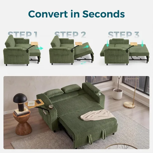 Vista 8 de LINSY HOME Sofá cama extraíble 3 en 1, sofá cama convertible de 58 pulgadas para sala de estar, mesa giratoria de 360°, reposabrazos