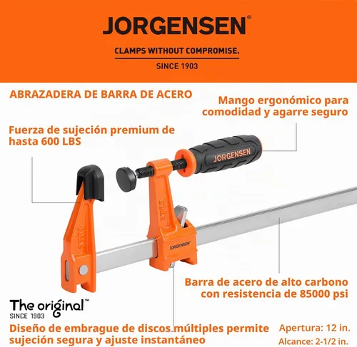 Vista 2 de JORGENSEN Paquete de 2 abrazaderas de barra de acero de servicio mediano de 12 pulgadas y 600 libras para carpintería