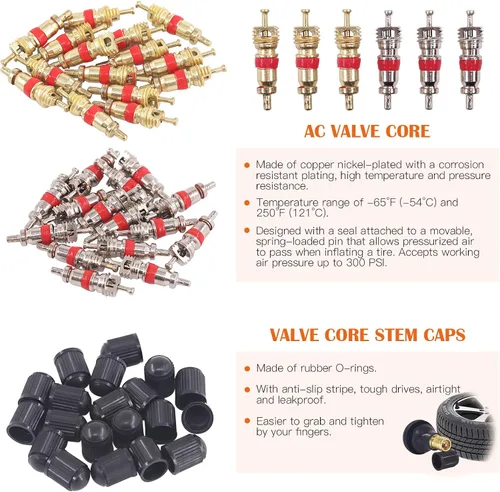 Vista 4 de Kit de reparación de neumáticos de 70 piezas, parche, raspador, herramientas de extracción de vástago de válvula, núcleos, tapas y parches